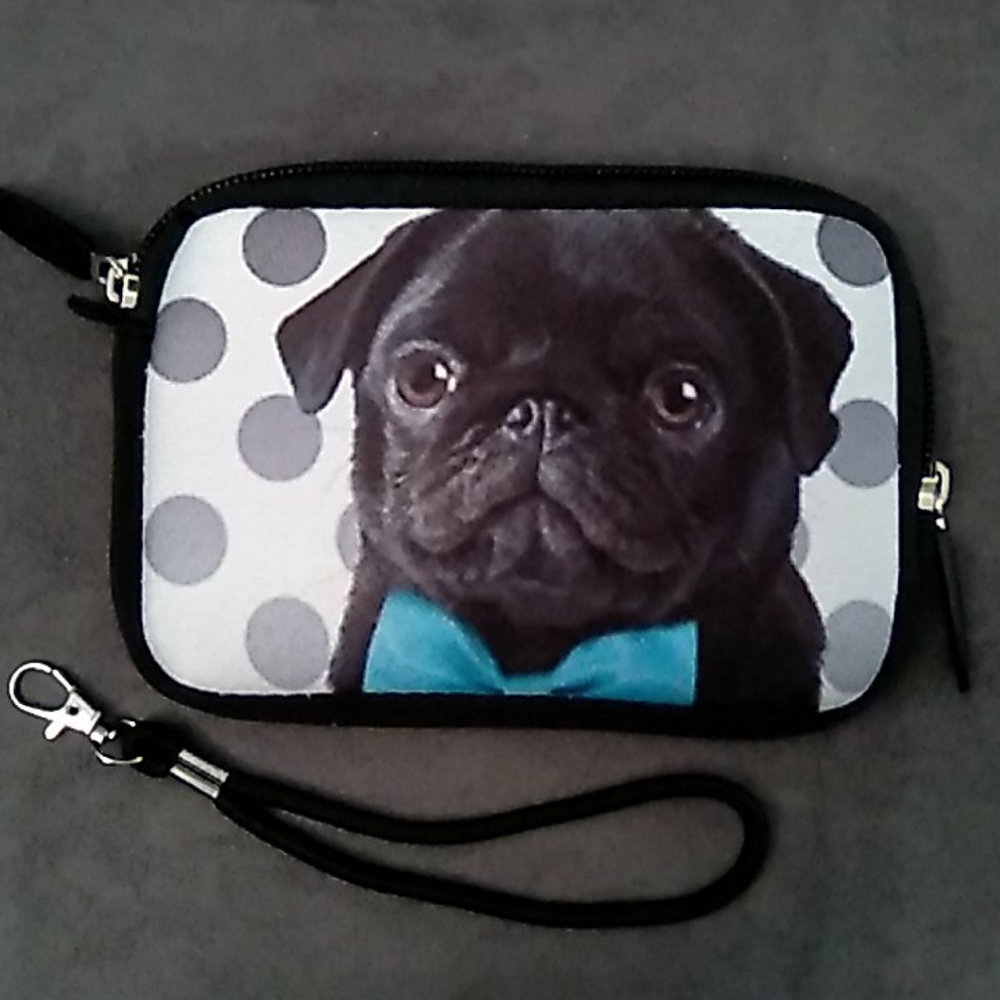 NEW- Wallet- Wristlet- Case - Black Pug